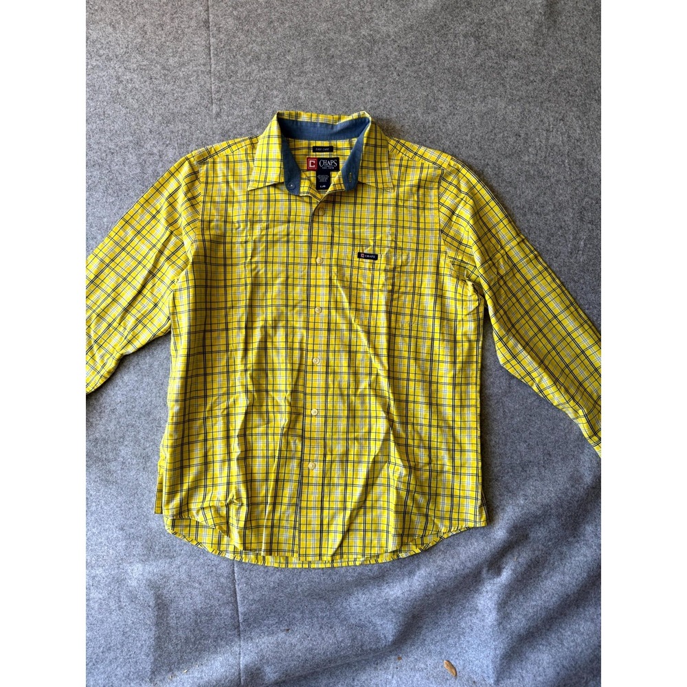 Chaps Men Large‎ Yellow Blue Plaid Button Up Shirt Long Sleeve Classic City L